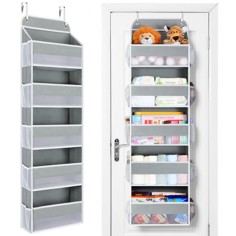 Yecaye Over The Door Organizer Storage, 5-Tier Heavy Duty Door Organizers Hanging with 10 Side Mesh Pockets, 44 lbs Load Capacity Behind Door Storage for Bathroom Nursery Bedroom Dorm Closet, Grey - Image 1