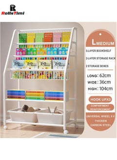 RollsTimi  Childrens Bookshelf, Kids Book Rack Organizer Iron Childrens Toy Storage Rack With 2 Storage Box For Playroom Bedroom  - Image 1