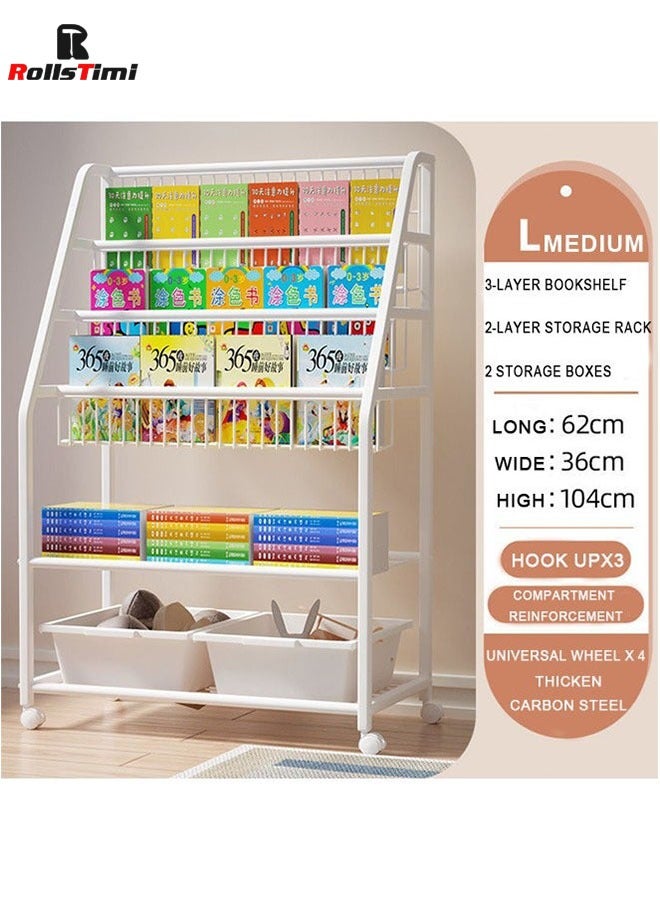 RollsTimi  Childrens Bookshelf, Kids Book Rack Organizer Iron Childrens Toy Storage Rack With 2 Storage Box For Playroom Bedroom  - Image 1