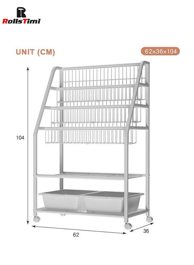 RollsTimi  Childrens Bookshelf, Kids Book Rack Organizer Iron Childrens Toy Storage Rack With 2 Storage Box For Playroom Bedroom  - Image 3