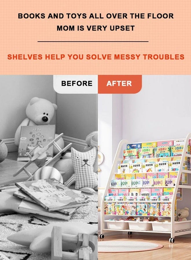 RollsTimi  Childrens Bookshelf, Kids Book Rack Organizer Iron Childrens Toy Storage Rack With 2 Storage Box For Playroom Bedroom  - Image 5