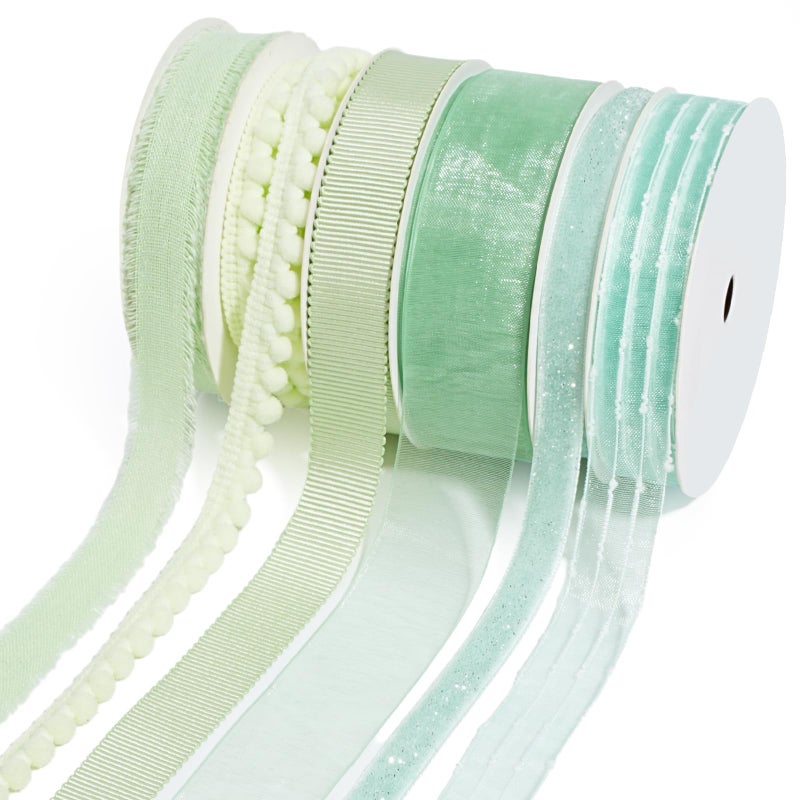 LaRibbons Green Ribbons for Crafts 6 Rolls Assorted Mint Green Ribbons for Gift Wrapping, DIY Crafts, Sewing, Hair Bows and Party Decorations 27.5 Yards - Image 1