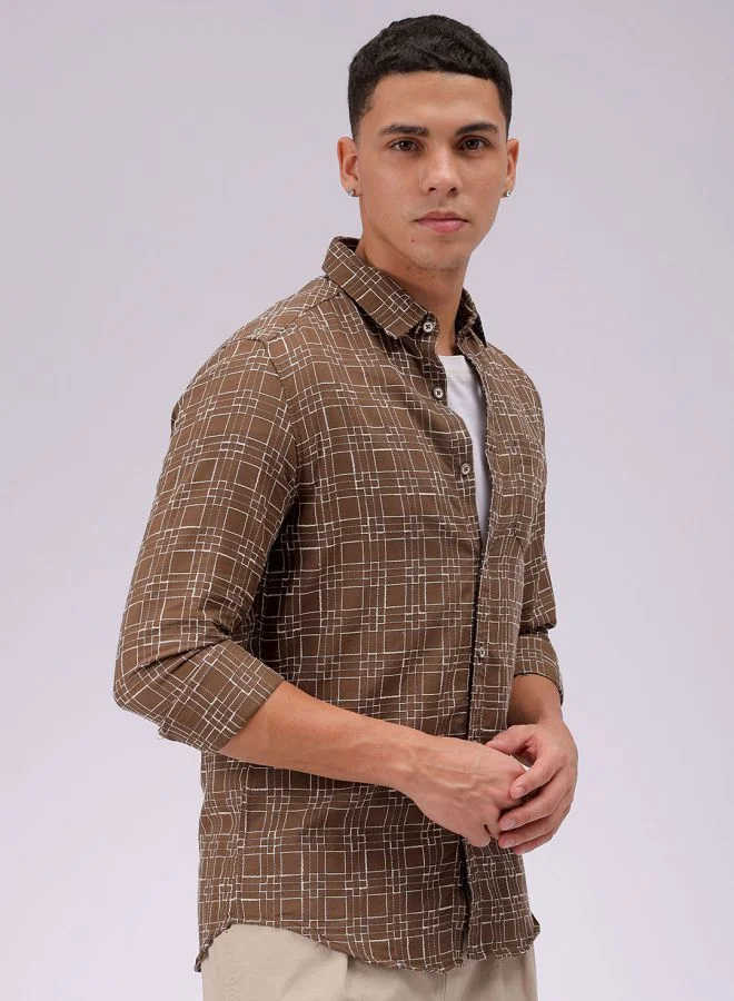 شركة المرآب الهندية Men Slim Fit Checkered Full Sleeves Cutaway Collar Casual Shirt