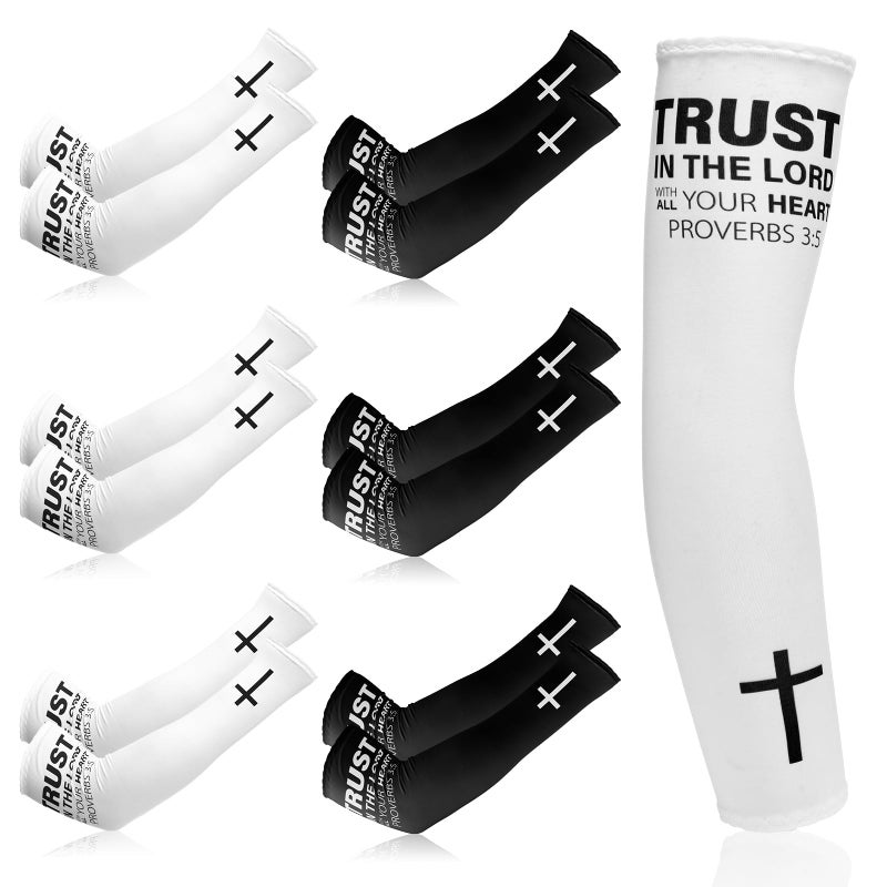 Shyyween 6 Pairs Faith Cross Arm Sleeves Fathers Day Religious Compression Arm Sleeve for Men Women Baseball Football for UVBlackWhiteM - Image 2