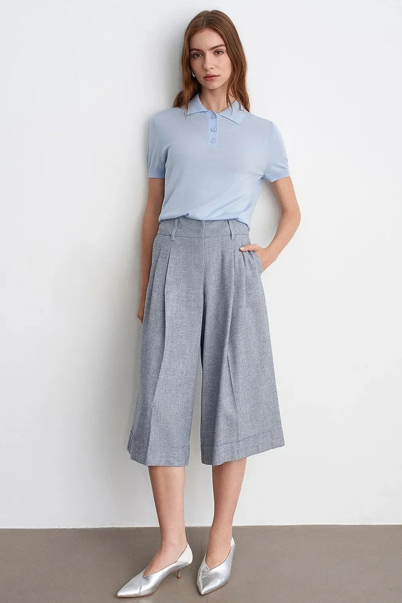 Dilvin DILVIN High-Waist Pleated Wide-Leg Capri Trousers