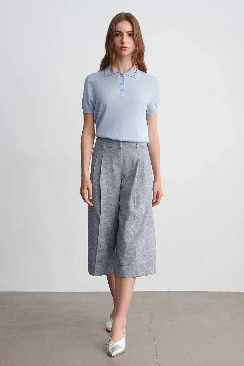 Dilvin Light Grey DILVIN High-Waist Pleated Wide-Leg Capri Trousers for Women | Best Price UAE