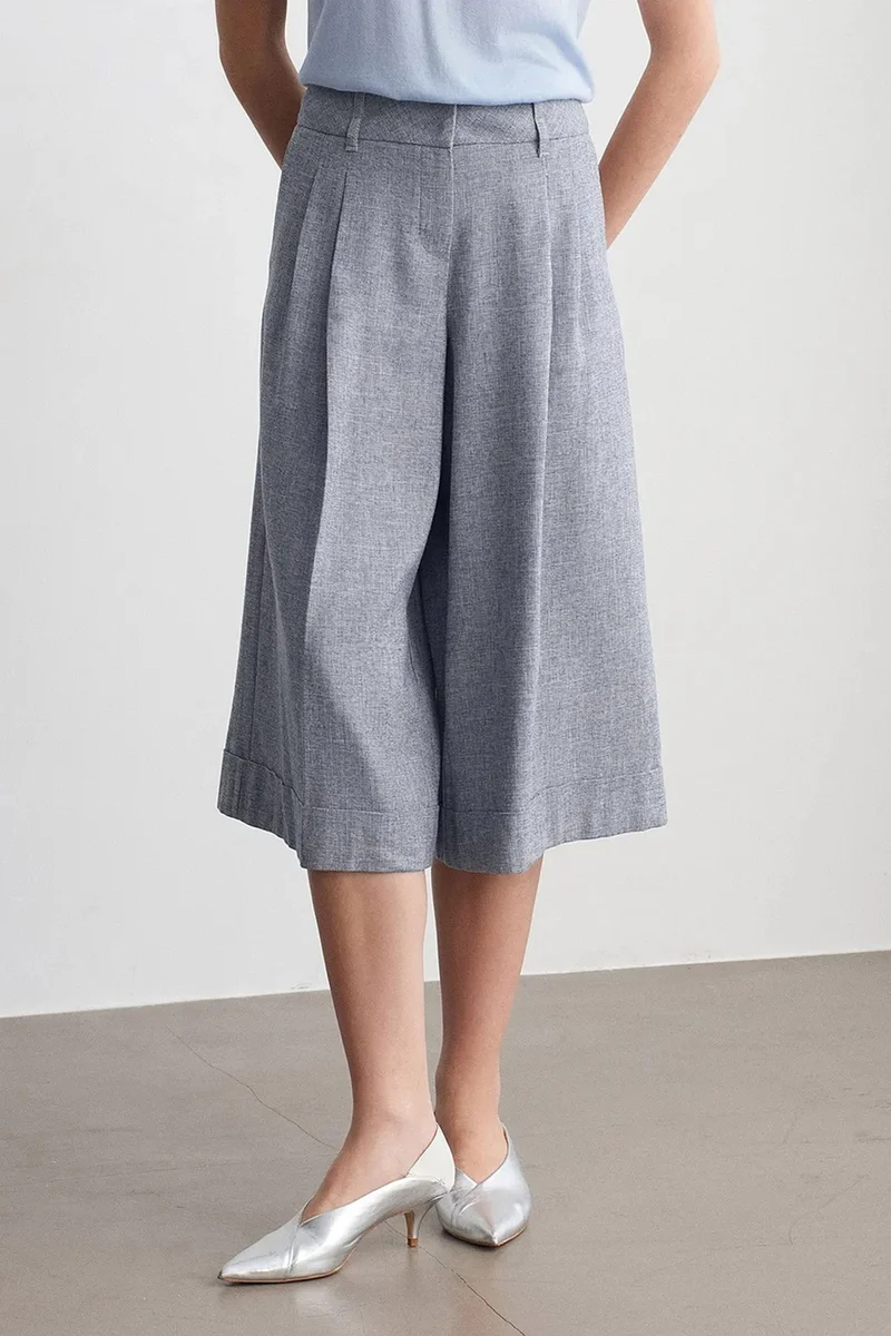 Dilvin Light Grey DILVIN High-Waist Pleated Wide-Leg Capri Trousers for Women | Best Price UAE