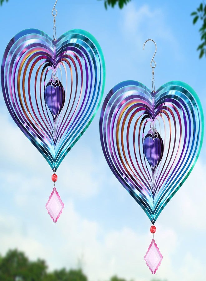 Saillong 2 Pcs Wind Spinner Purple Heart 3D Metal Hanging Wind Spinners, Worth Purple Gifts for Women, Extra Sparkly Metal Yard Art Decorations Indoor/Outdoor Kinetic Wind Sculptures & Spinners - Image 1