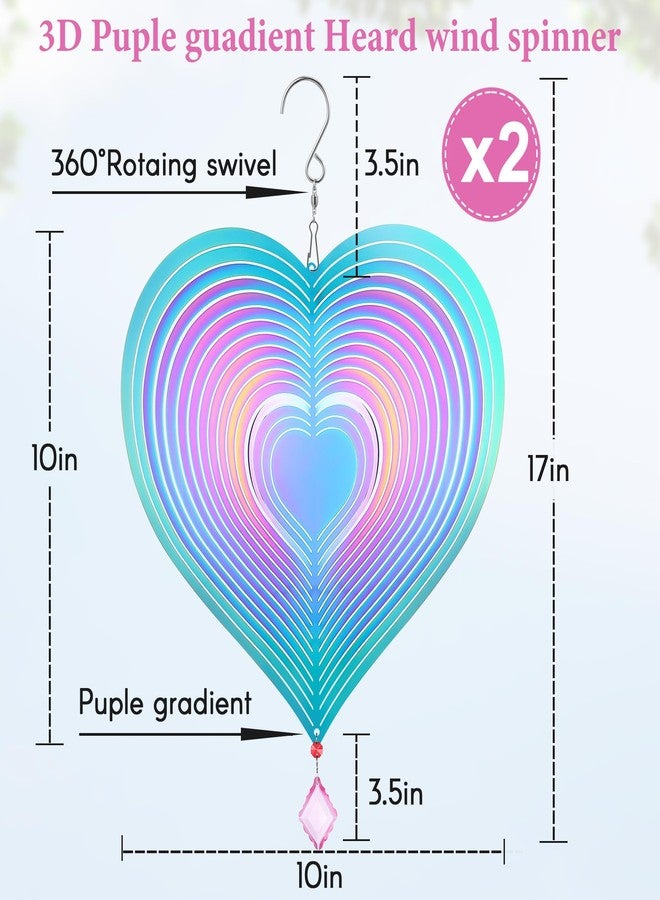 Saillong 2 Pcs Wind Spinner Purple Heart 3D Metal Hanging Wind Spinners, Worth Purple Gifts for Women, Extra Sparkly Metal Yard Art Decorations Indoor/Outdoor Kinetic Wind Sculptures & Spinners - Image 2