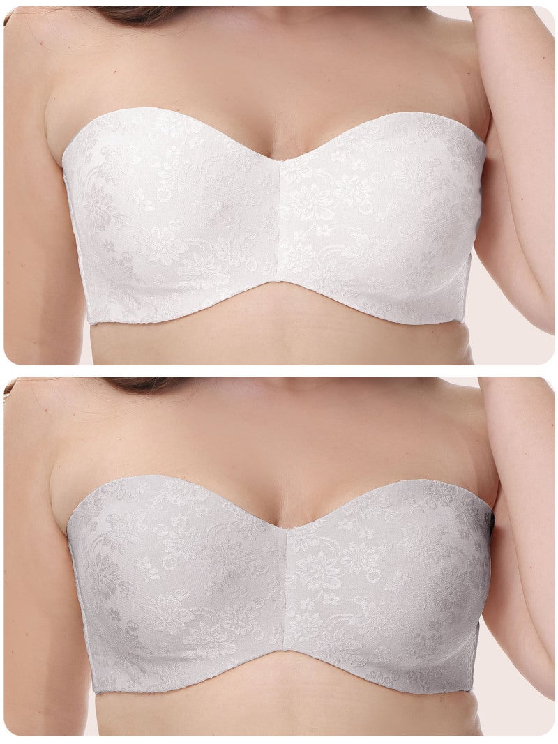 Underwire Bra: 34D Grey Polyester Vintage Floral Jacquard - Anti-slip Trim Detachable Adjustable Straps Bandeau Bra for Wedding Party Tube Dress Wear - Image 4