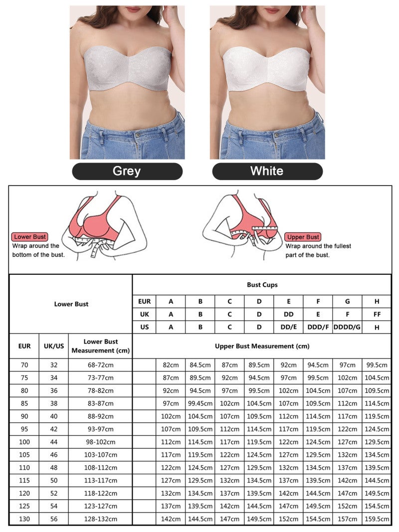 Underwire Bra: 34D Grey Polyester Vintage Floral Jacquard - Anti-slip Trim Detachable Adjustable Straps Bandeau Bra for Wedding Party Tube Dress Wear - Image 2