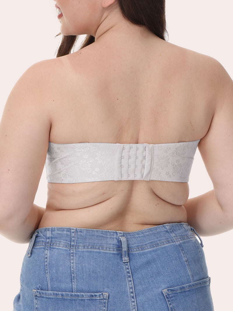 Underwire Bra: 34D Grey Polyester Vintage Floral Jacquard - Anti-slip Trim Detachable Adjustable Straps Bandeau Bra for Wedding Party Tube Dress Wear - Image 5
