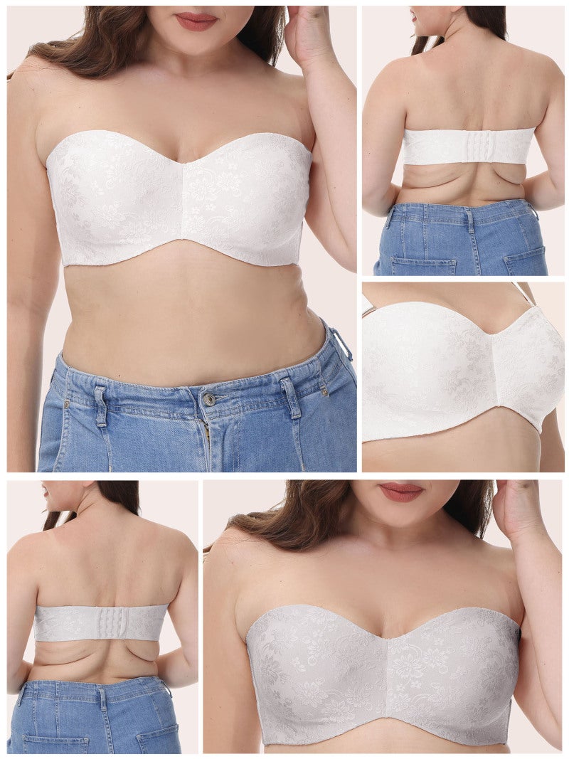 Underwire Bra: 34D Grey Polyester Vintage Floral Jacquard - Anti-slip Trim Detachable Adjustable Straps Bandeau Bra for Wedding Party Tube Dress Wear - Image 3