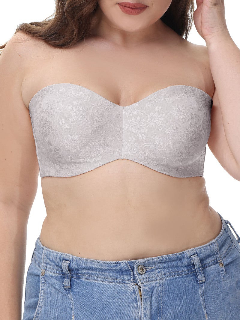 Underwire Bra: 34D Grey Polyester Vintage Floral Jacquard - Anti-slip Trim Detachable Adjustable Straps Bandeau Bra for Wedding Party Tube Dress Wear - Image 1