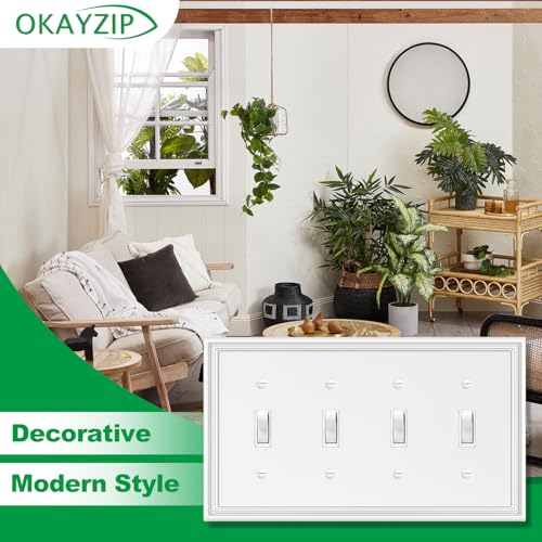 OKAYZIP White Decorative Quad Toggle Light Switch Covers Wall Plate, Natural Material Switch Plate Covers - Modern Style (4 Gang Toggle 1 Pack) - Image 4
