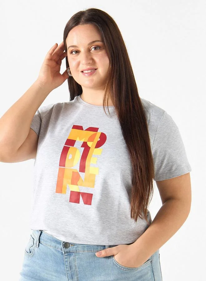 Ulla Popken Plus Size Ulla Popken Graphic Print T-shirt with Crew Neck