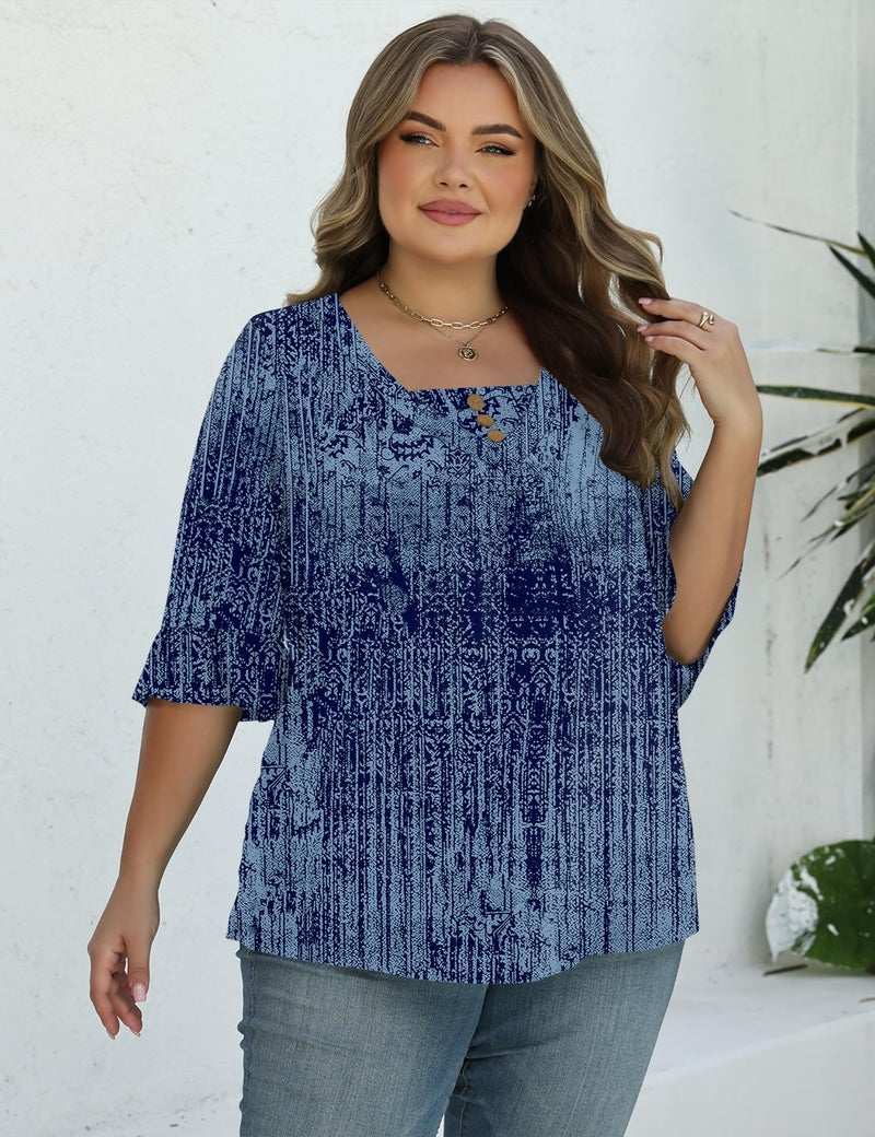 TFSDOD Plus Size Tunic Tops for Women 3/4 Ruffle Sleeve Printed Teeto Hide Belly Dressy Casual Spring Shirts 4XL - Image 4