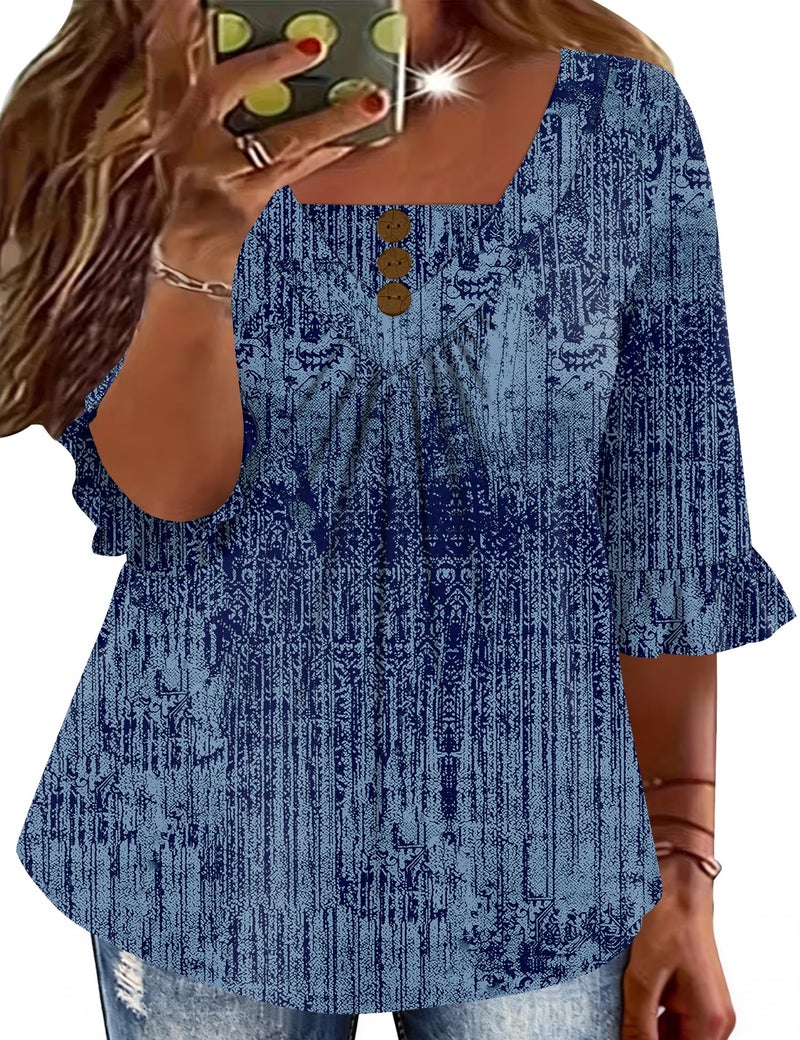TFSDOD Plus Size Tunic Tops for Women 3/4 Ruffle Sleeve Printed Teeto Hide Belly Dressy Casual Spring Shirts 4XL - Image 1