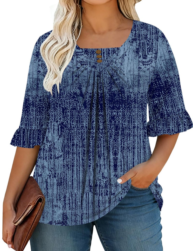 TFSDOD Plus Size Tunic Tops for Women 3/4 Ruffle Sleeve Printed Teeto Hide Belly Dressy Casual Spring Shirts 4XL - Image 2