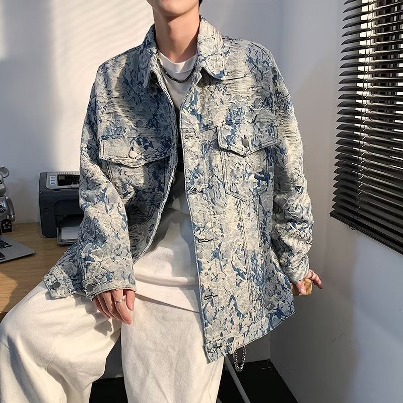 American High Street Distressed Fringe Floral Mens Denim Jacket Loose Fit Casual Long Sleeve Collar Jumper for Youth Blue 