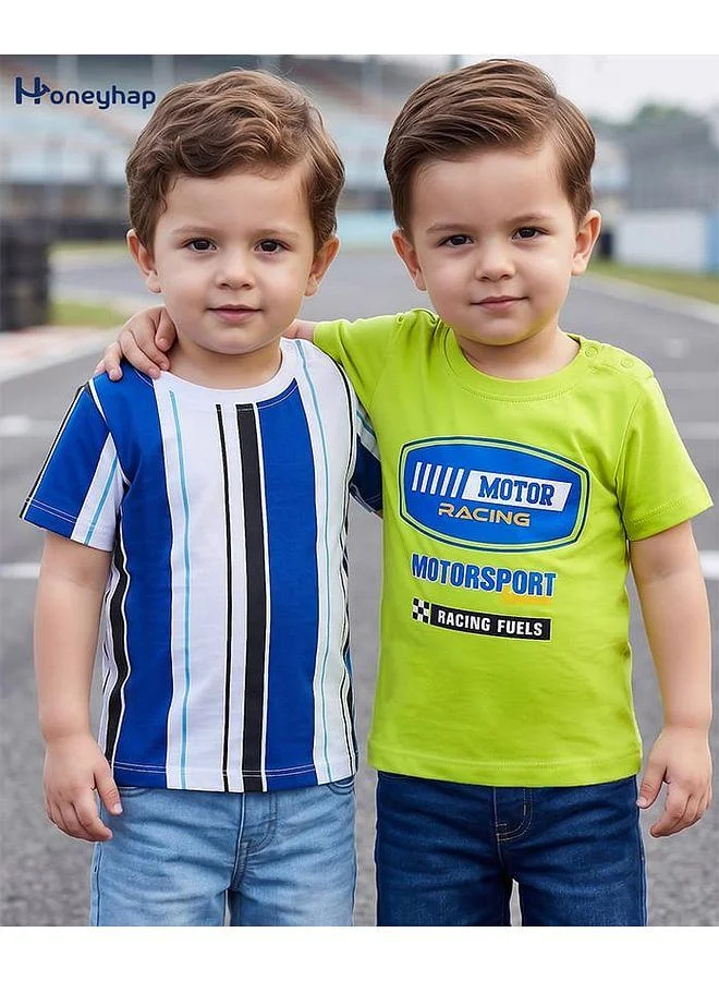 Honeyhap Honeyhap Premium 100% Cotton Knit Striped & Text Printed T-Shirts with Bio Finish, Pack of 2 - Multicolor