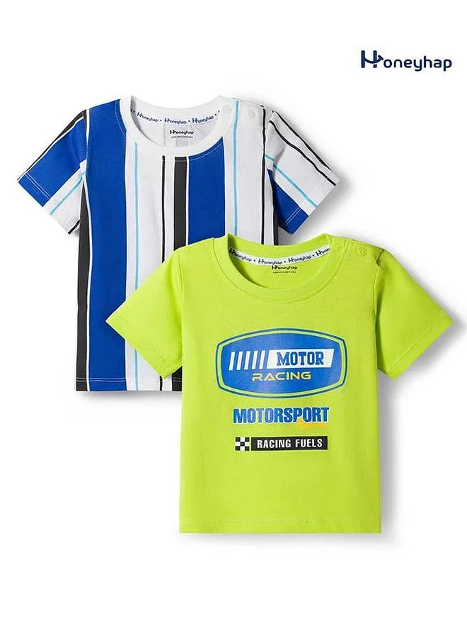 Honeyhap Honeyhap Premium 100% Cotton Knit Striped & Text Printed T-Shirts with Bio Finish, Pack of 2 - Multicolor