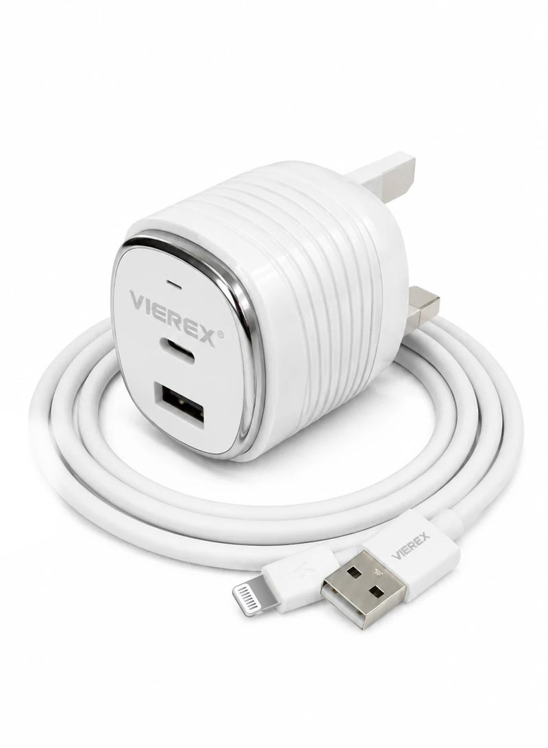 Vierex شاحن حائط سريع مزدوج المنفذ بقوة 20 واط يتضمن كابل USB-C إلى Lightning لجهاز Apple 14/13/12/11 - Image 3