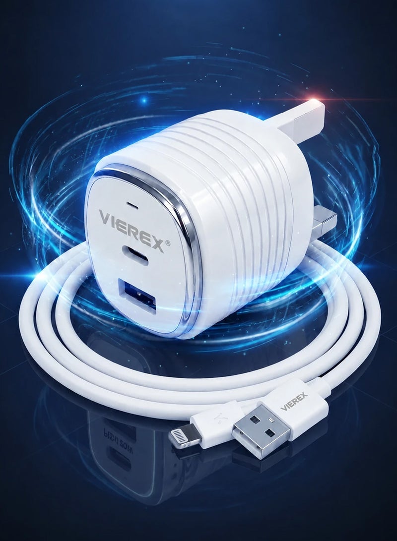 Vierex شاحن حائط سريع مزدوج المنفذ بقوة 20 واط يتضمن كابل USB-C إلى Lightning لجهاز Apple 14/13/12/11 - Image 1