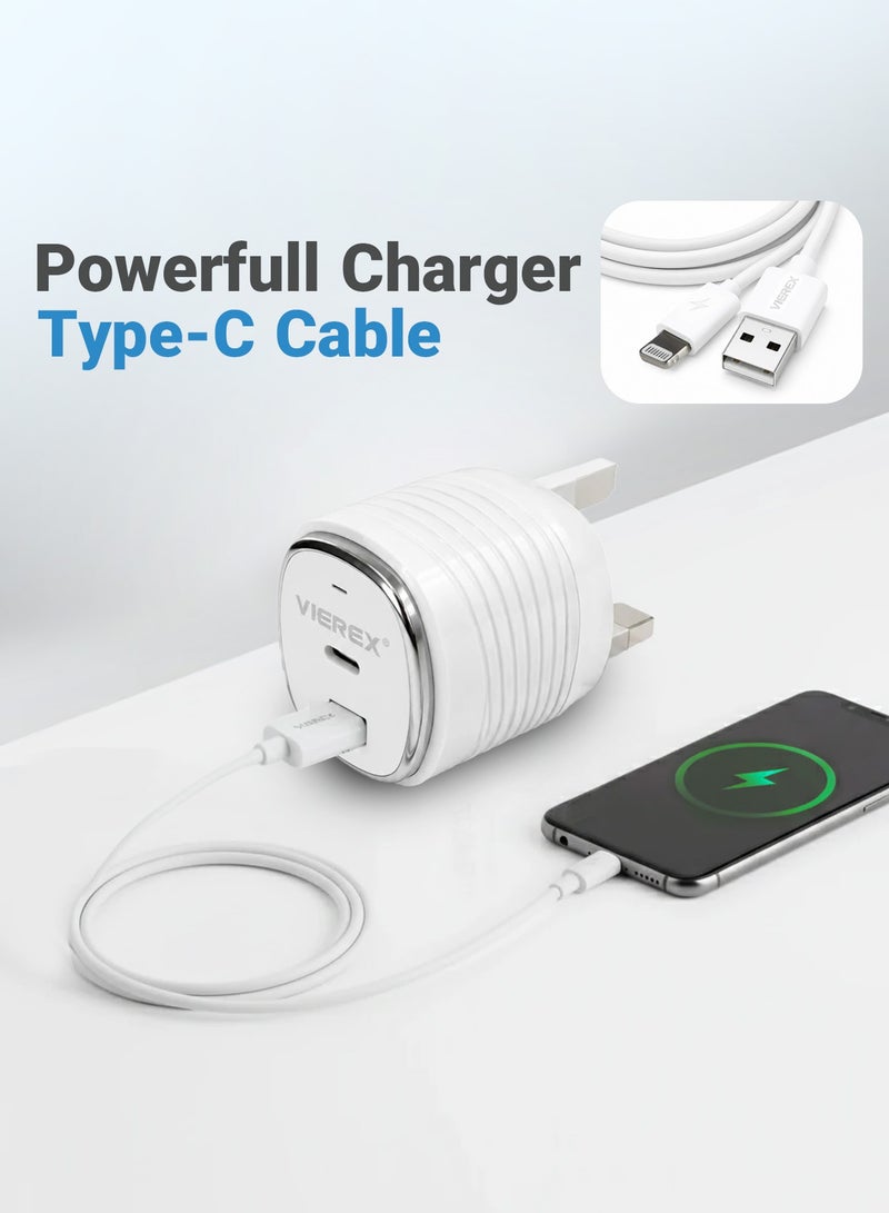 Vierex شاحن حائط سريع مزدوج المنفذ بقوة 20 واط يتضمن كابل USB-C إلى Lightning لجهاز Apple 14/13/12/11 - Image 2