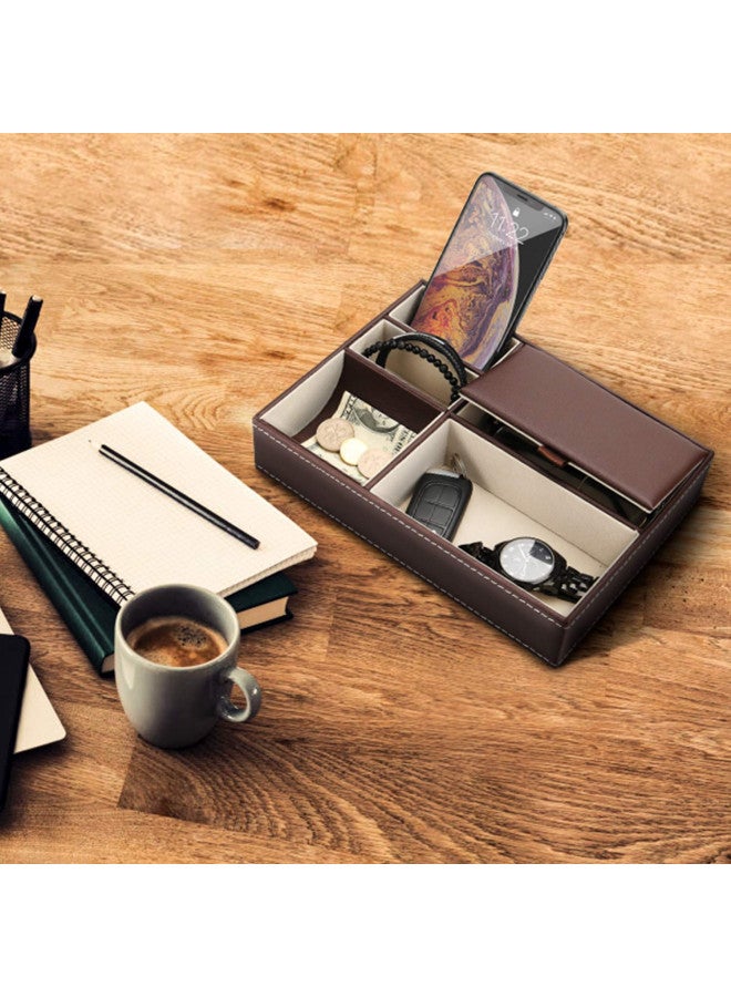 BY for Kitchen & Home Baoyun Mens Valet Tray Organizer - Leather Nightstand Dresser Top Box with 5 Compartment for Accessories, Wallet, Phone, Keys (Brown)  - Image 3