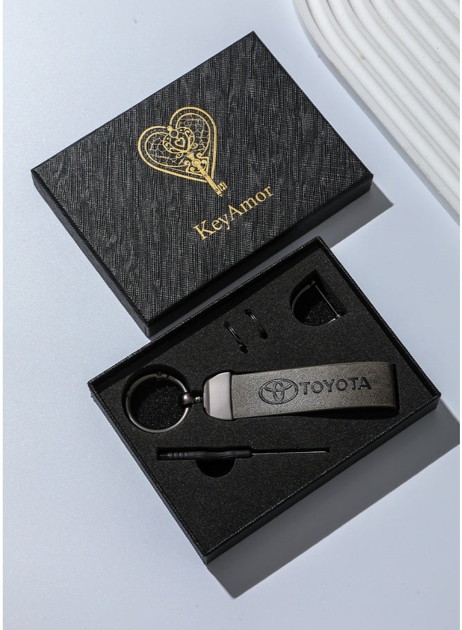 KeyAmor Elegant grey metal and leather keychain with TOYOTA logo featuring 3 key rings perfect as a fancy gift or car accessory designed in sleek grey for a modern look offers 360 degree rotation for convenience suitable for both men and women and comes in a fancy gift box - Image 5