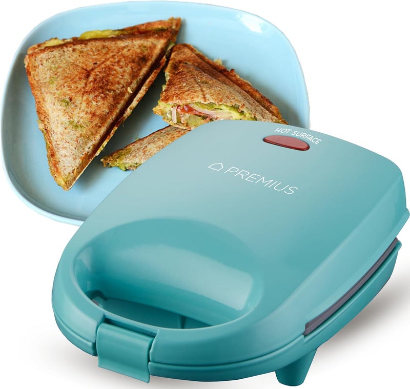 PREMIUS Ceramic NonStick Mini Snack Sandwich Maker, Indicator Light, 5x4.4 Inch Mold, Great for French Toast, Tuna Melt, Egg & Grilled Cheese, Pancake Sandwich, Desserts, Toasties, 520 W (Turquoise) - Image 1