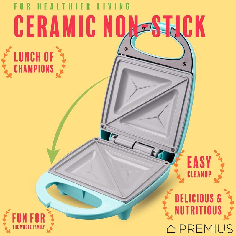 PREMIUS Ceramic NonStick Mini Snack Sandwich Maker, Indicator Light, 5x4.4 Inch Mold, Great for French Toast, Tuna Melt, Egg & Grilled Cheese, Pancake Sandwich, Desserts, Toasties, 520 W (Turquoise) - Image 4