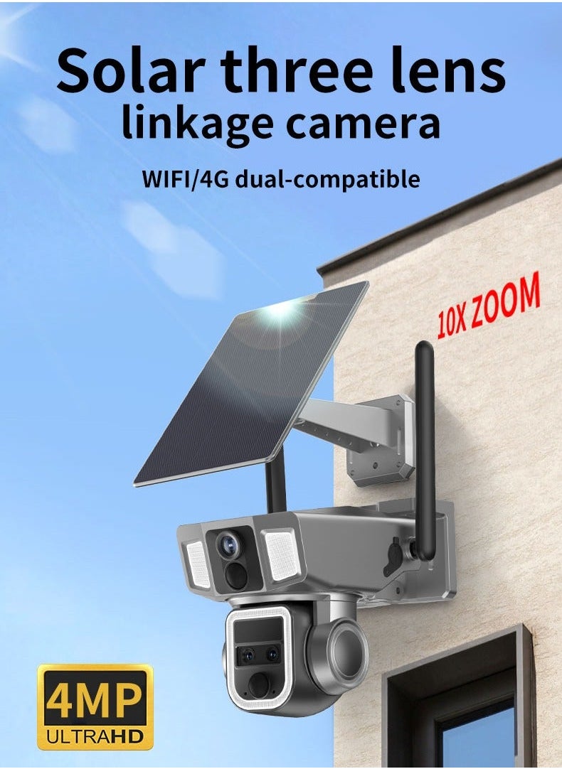 Generic - 4G & Wi-Fi Two Modes of Internet Access Multi-lens 4K/5MP Solar Powered PTZ Camera 360° View Video Surveillance System, Motion Detection, Full-Color Night Vision, 2-Way Audio, Pan Tilt, Cloud Storage - Image 1