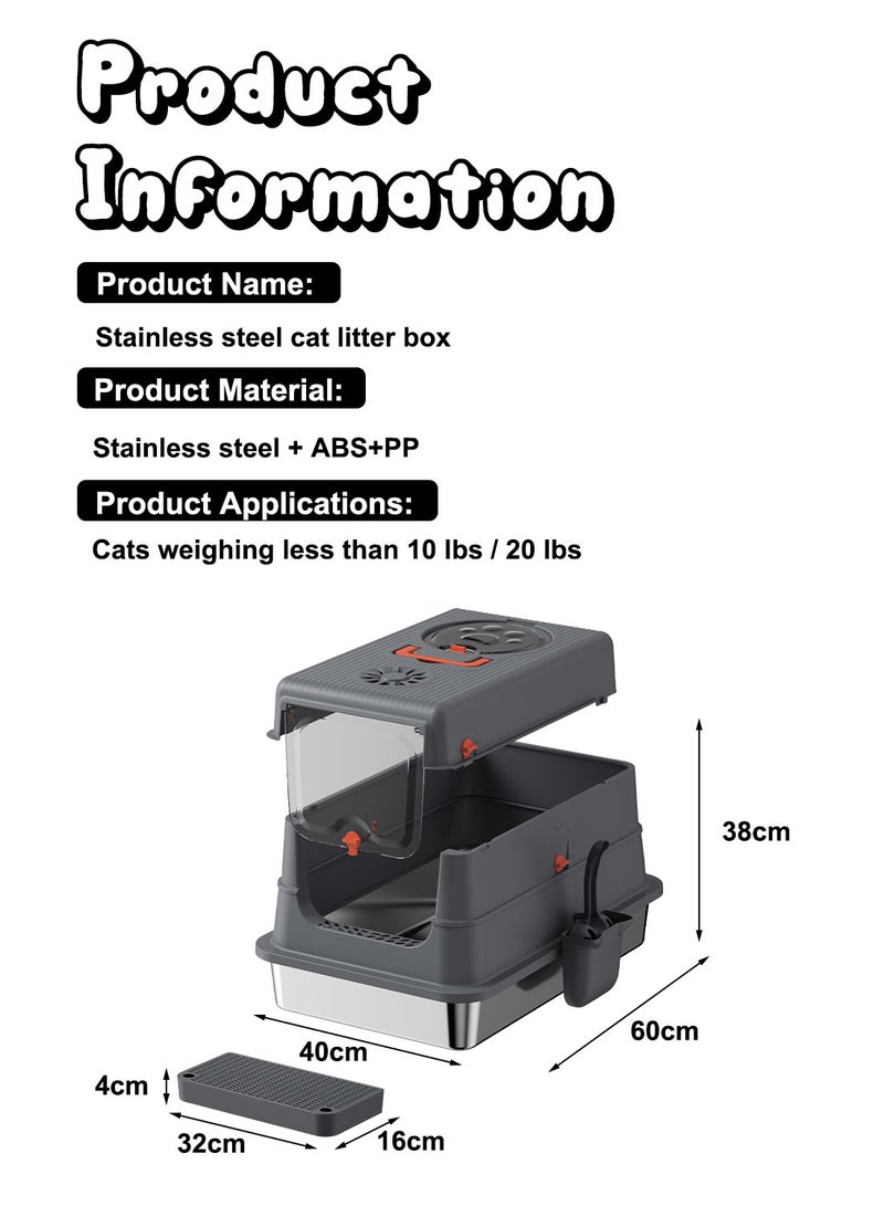 Kidle Large Fully Enclosed Stainless Steel Cat Litter Box with Litter Scoop Cat Toilet Cat Litter Tray High Wall Side Shell Non-Sticky Anti Splashing and Easy Clean 40*60*38cm - Image 5