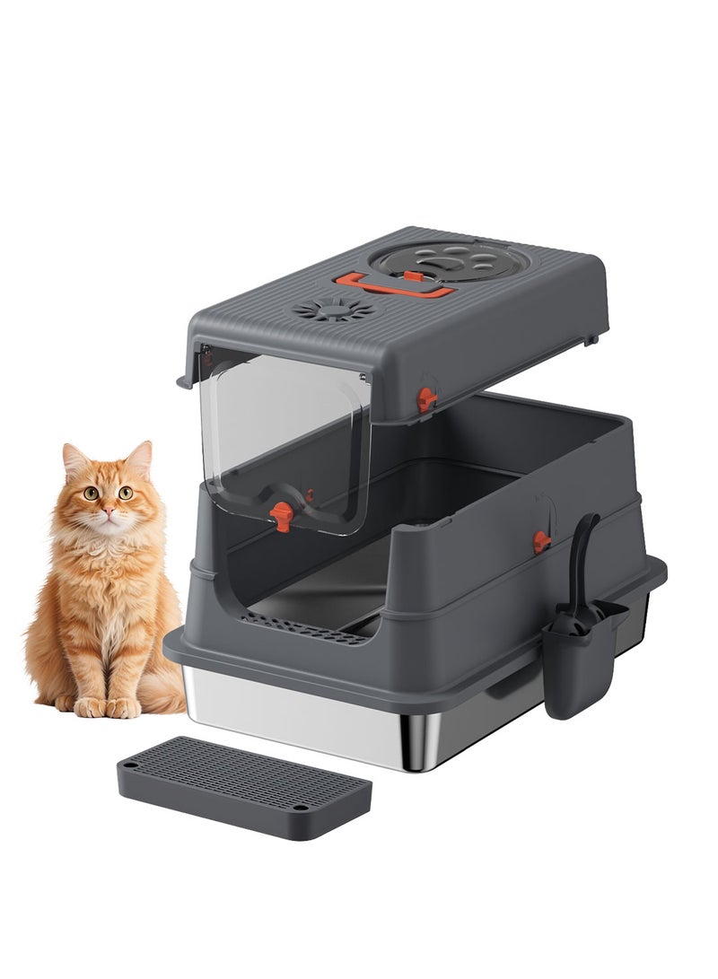 Kidle Large Fully Enclosed Stainless Steel Cat Litter Box with Litter Scoop Cat Toilet Cat Litter Tray High Wall Side Shell Non-Sticky Anti Splashing and Easy Clean 40*60*38cm - Image 1