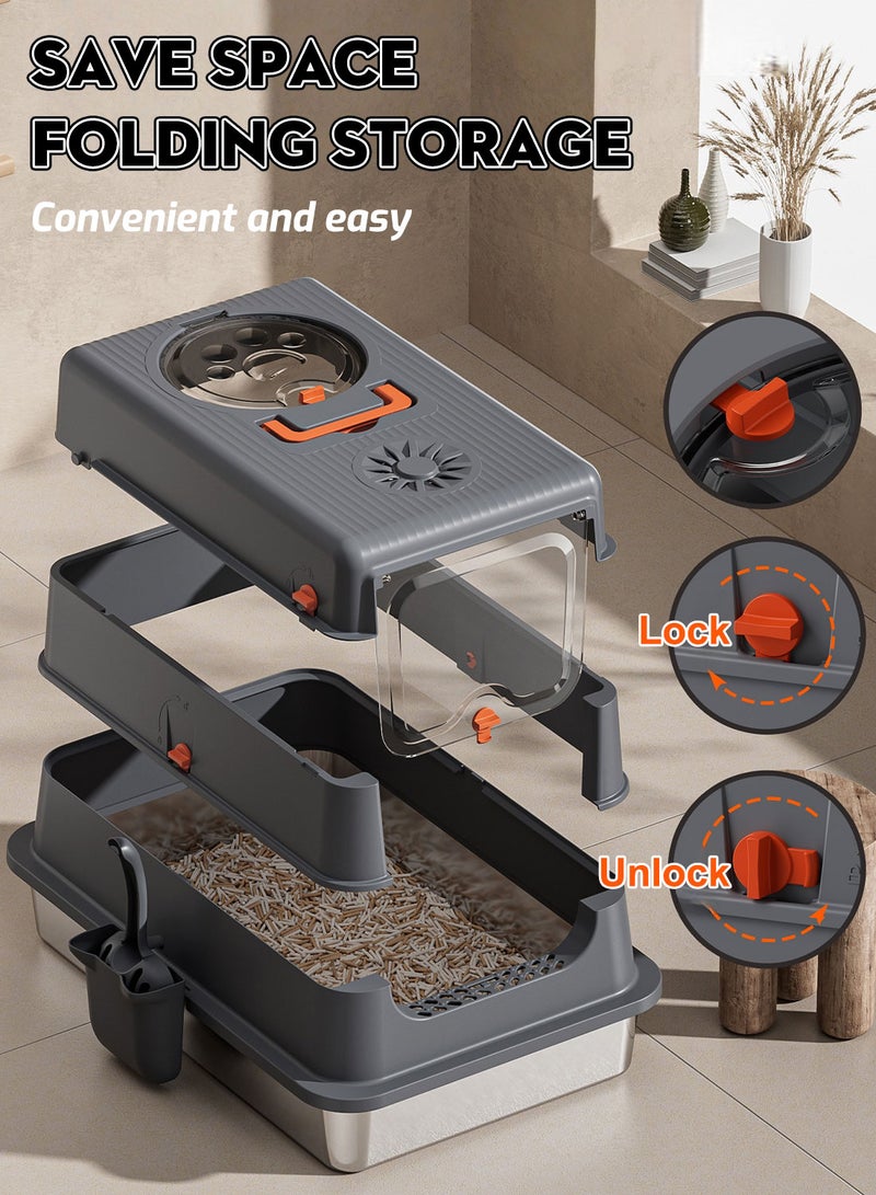 Kidle Large Fully Enclosed Stainless Steel Cat Litter Box with Litter Scoop Cat Toilet Cat Litter Tray High Wall Side Shell Non-Sticky Anti Splashing and Easy Clean 40*60*38cm - Image 4