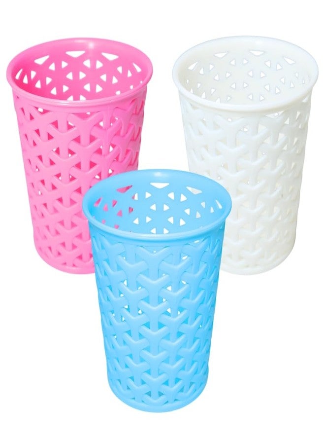 MORVI Linea Small Round Plastic Multipurpose Organizer For Kitchen, Bathroom, Salon, Office|Stationery,Cutlery,Pen,Makeup Brushes Holder|Hanging Toothbrush Stand |Pack Of 3 | PINK BLUE WHITE - Image 1