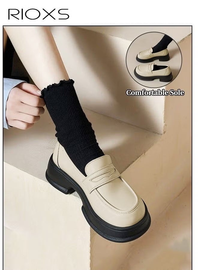 RIOXS Loafers for Women, Classic Slip-on Chunky Loafers, Wide Round-toe Shoes, Comfy Mary Jane Shoes with Stable Outsole, Women's Mid-heel Slip-on Shoes, Dress Business Casual Loafers, Stylish Penny Loafer Designed for the Busy, On-the-Go Lifestyle, Soild White Loafers - Image 1