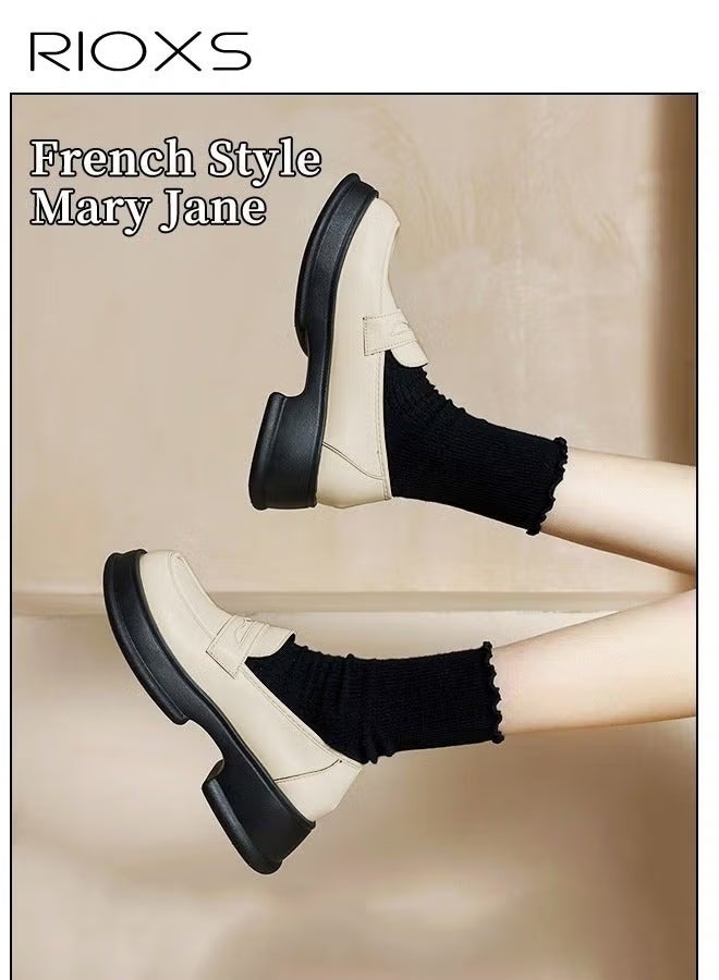 RIOXS Loafers for Women, Classic Slip-on Chunky Loafers, Wide Round-toe Shoes, Comfy Mary Jane Shoes with Stable Outsole, Women's Mid-heel Slip-on Shoes, Dress Business Casual Loafers, Stylish Penny Loafer Designed for the Busy, On-the-Go Lifestyle, Soild White Loafers - Image 4