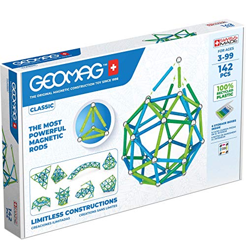 GEOMAG ألعاب مغناطيسية كلاسيكية من جيوماغ للأطفال من عمر 8 سنوات 142 قطعة تعليمية STEM مغناطيسات للأطفال مصنوعة في سويسرا من كتل وبلاط مغناطيسي من 100% بلاستيك معاد تدويره - Image 1