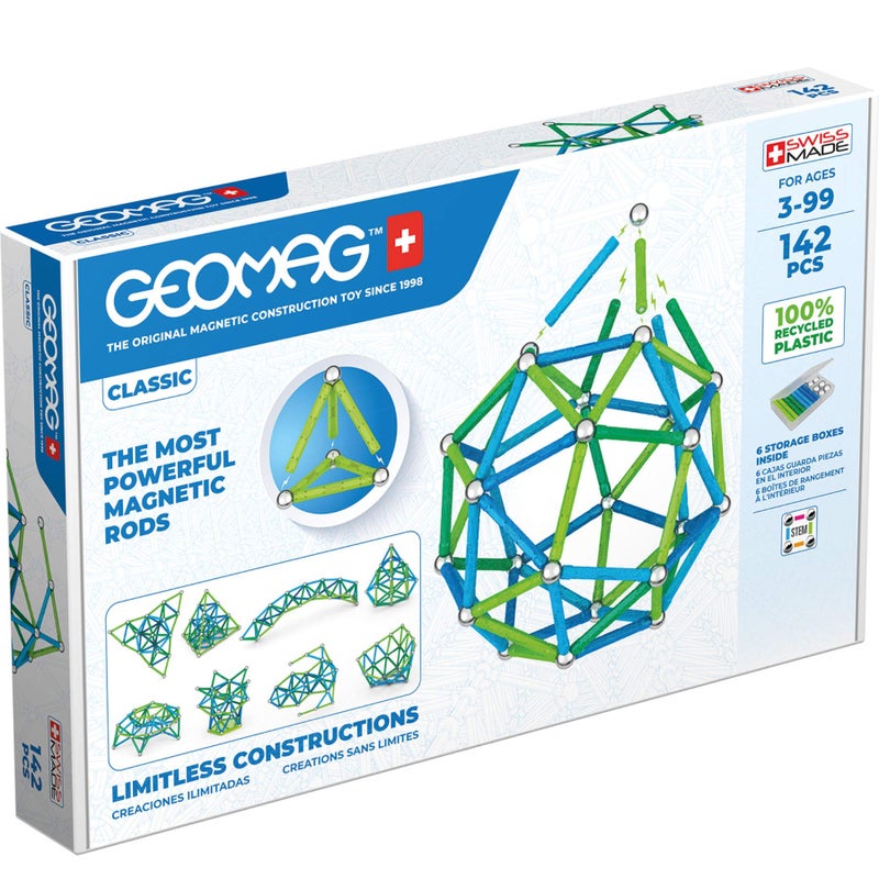 GEOMAG ألعاب مغناطيسية كلاسيكية من جيوماغ للأطفال من عمر 8 سنوات 142 قطعة تعليمية STEM مغناطيسات للأطفال مصنوعة في سويسرا من كتل وبلاط مغناطيسي من 100% بلاستيك معاد تدويره - Image 3