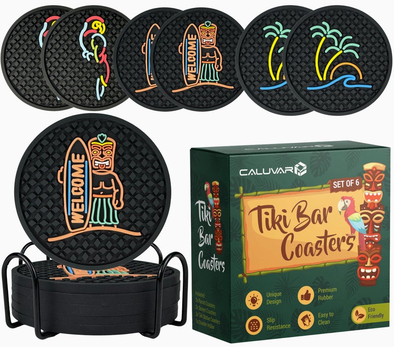 CALUVAR Tiki Bar Coasters Set of 6 with Holder Tiki Bar Decor Silicone Coasters with Surfboard Warrior Wave Palm Tree and Parrot Designs Hawaiian Decor Black Coasters Outdoor Tiki Bar Rubber Decorations - Image 2