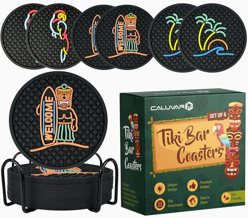 CALUVAR Tiki Bar Coasters Set of 6 with Holder Tiki Bar Decor Silicone Coasters with Surfboard Warrior Wave Palm Tree and Parrot Designs Hawaiian Decor Black Coasters Outdoor Tiki Bar Rubber Decorations - Image 1