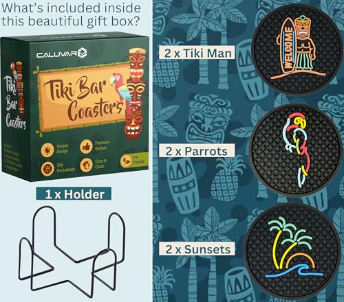 CALUVAR Tiki Bar Coasters Set of 6 with Holder Tiki Bar Decor Silicone Coasters with Surfboard Warrior Wave Palm Tree and Parrot Designs Hawaiian Decor Black Coasters Outdoor Tiki Bar Rubber Decorations - Image 3