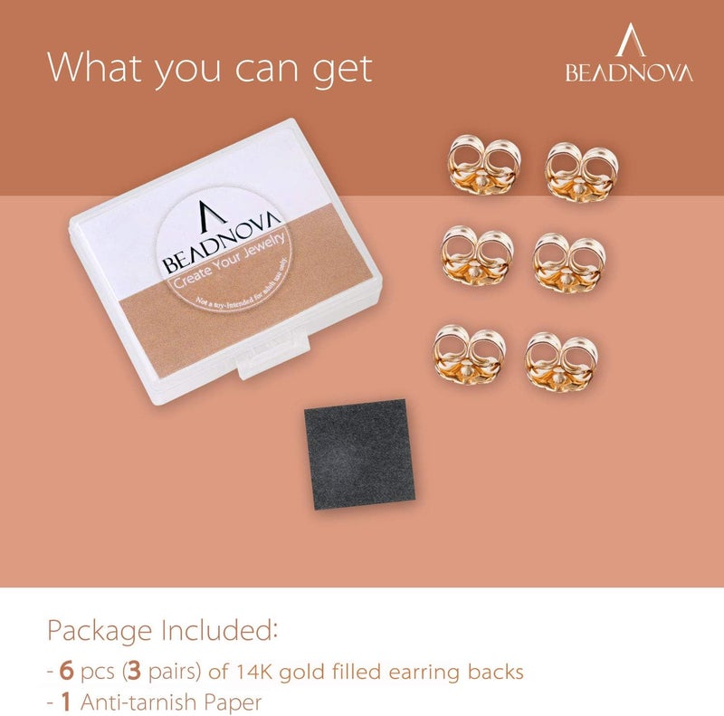 BEADNOVA 14k Gold Earring Backs for Studs Butterfly Safety Locking Earring Backs Replacements Push Backing Ear Studs Friction Earstuds Stopper for Posts (6 Pieces) - Image 3