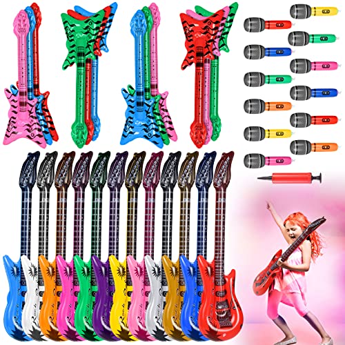 Chitidr 37 Pcs Inflatable Rock Star Instrument Set 12 Blow up Guitar 36 Inch 12 Inflatable Microphone 12 Bass with a Pump for 80s Themed Party Carnival Birthday Party Decorations - Image 1