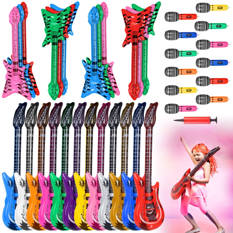 Chitidr 37 Pcs Inflatable Rock Star Instrument Set 12 Blow up Guitar 36 Inch 12 Inflatable Microphone 12 Bass with a Pump for 80s Themed Party Carnival Birthday Party Decorations - Image 3