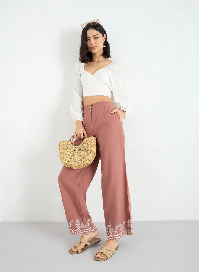 Styli Styli Rust Wide Leg Trousers with Embroidered Hem