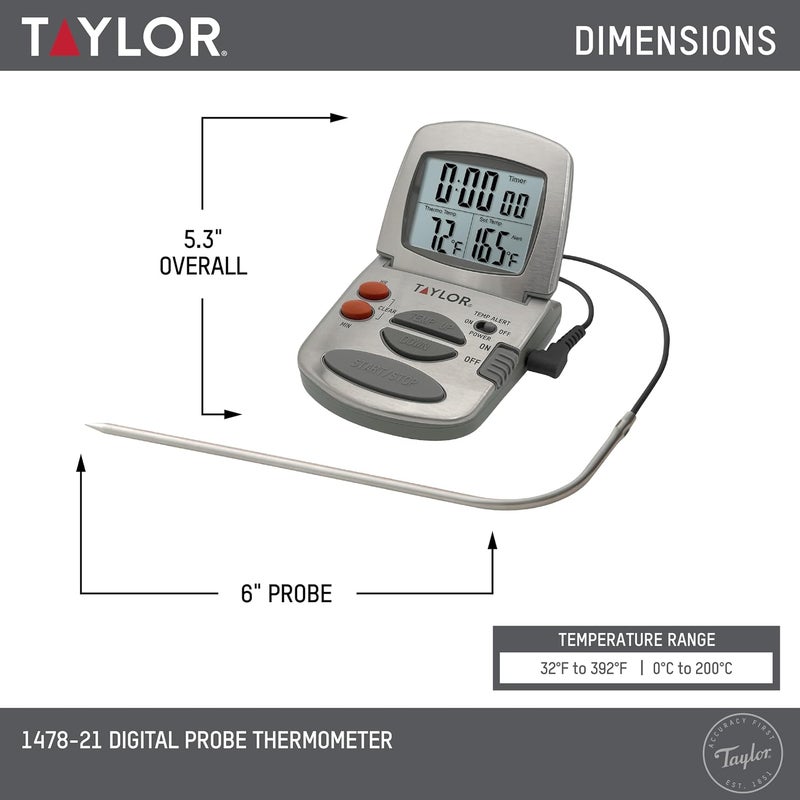 Taylor Precision Products Programmable with Timer Instant Read Wired Probe Digital, Meat, Food, Grill BBQ Cooking Kitchen Thermometer - Image 3